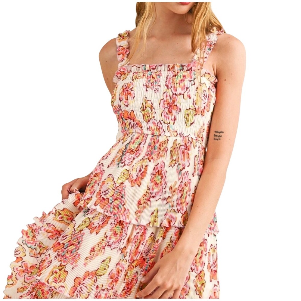 Reset by Jane Floral Plisse Smocked Tiered Maxi Dress boho vibrant